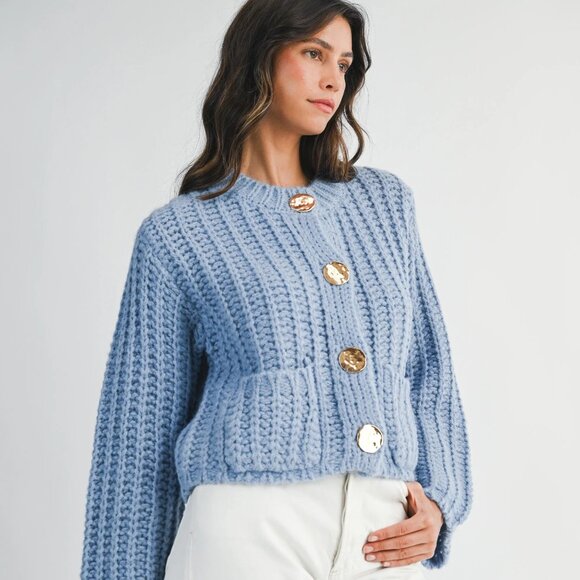 Mable Cozy Blue Gold Buttoned Cardigan NWT, Size M - Picture 5 of 14